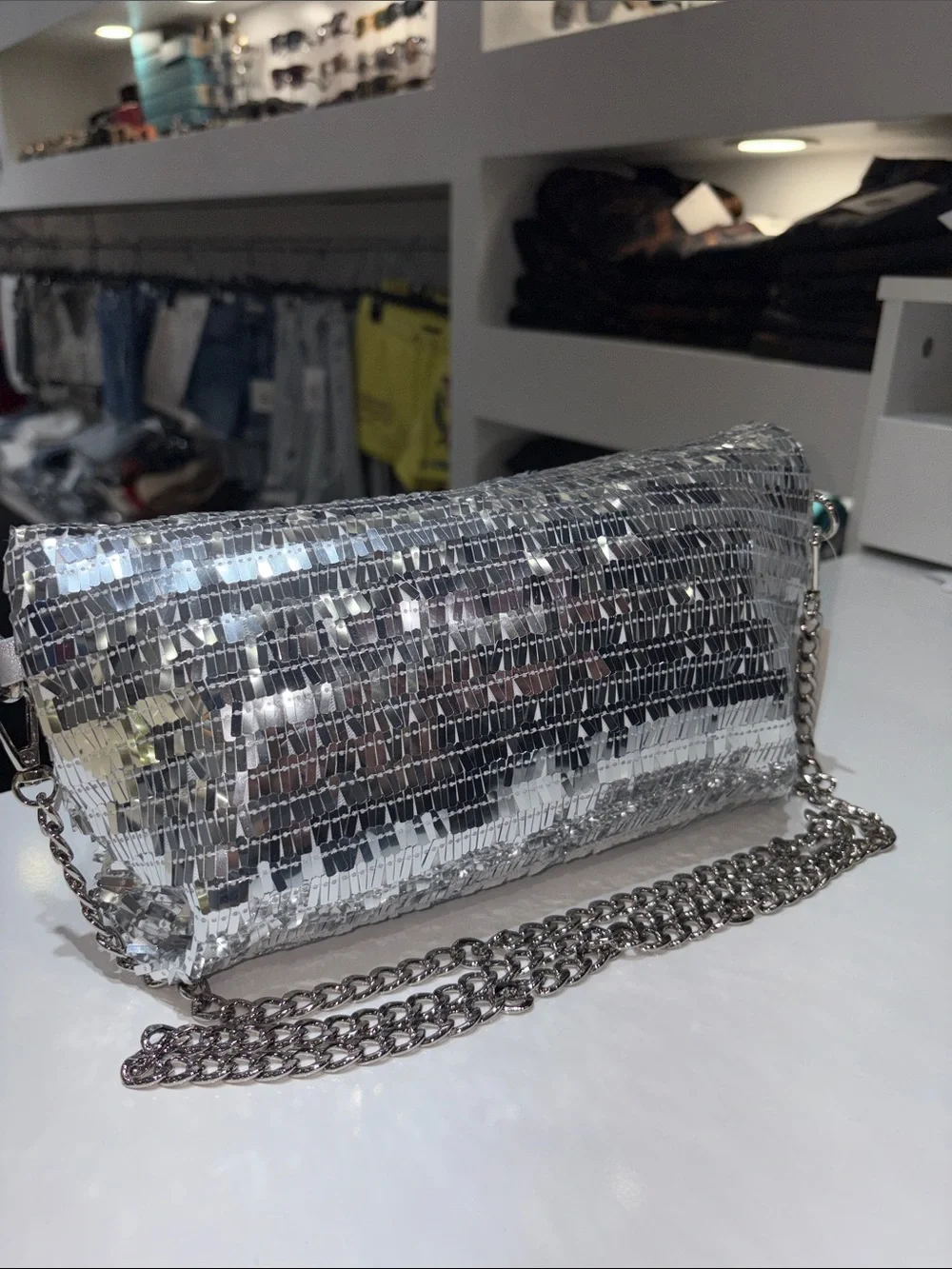 Silver Sequin Chain-Shoulder Clutch